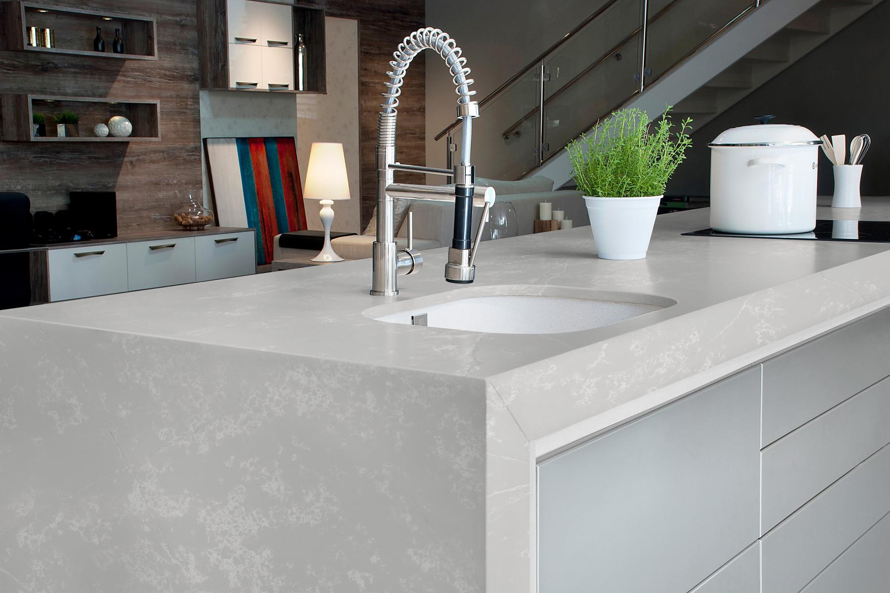 Roma Grey Mitred worktop with mitred Waterfall 
