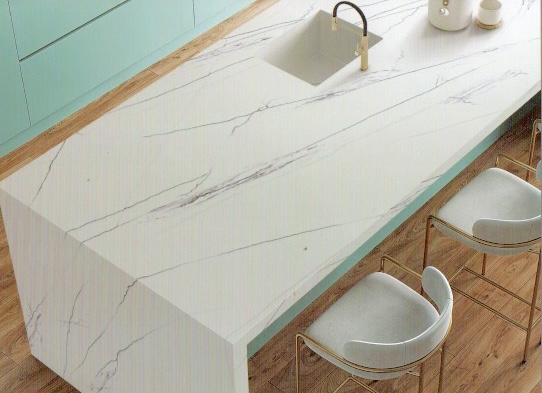 Calacatta Blush Island with mitred waterfall polished