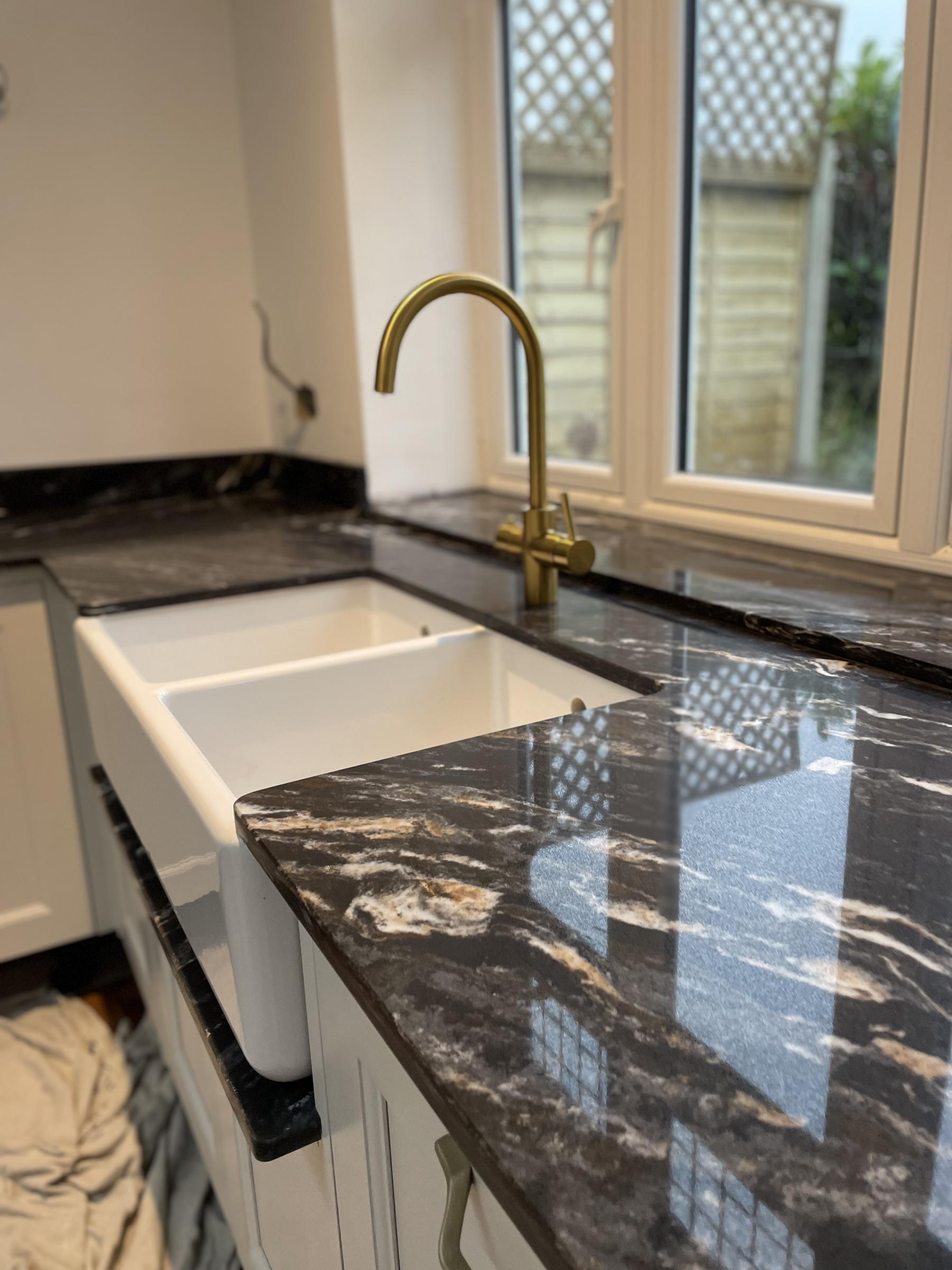 Nebula Gold Belfast Sink with shelf Project Letchworth matt and polished