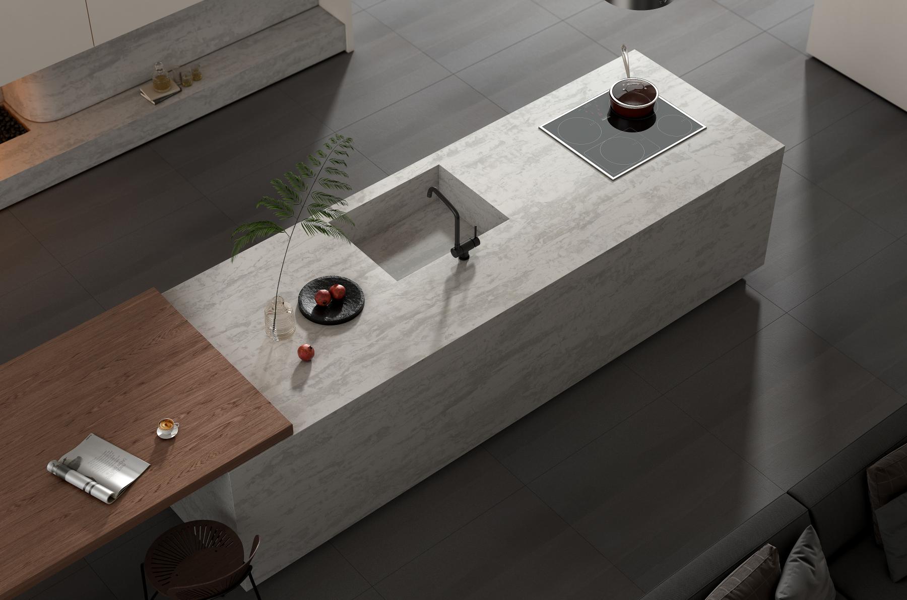Chalky White Island with undermounted sink silk