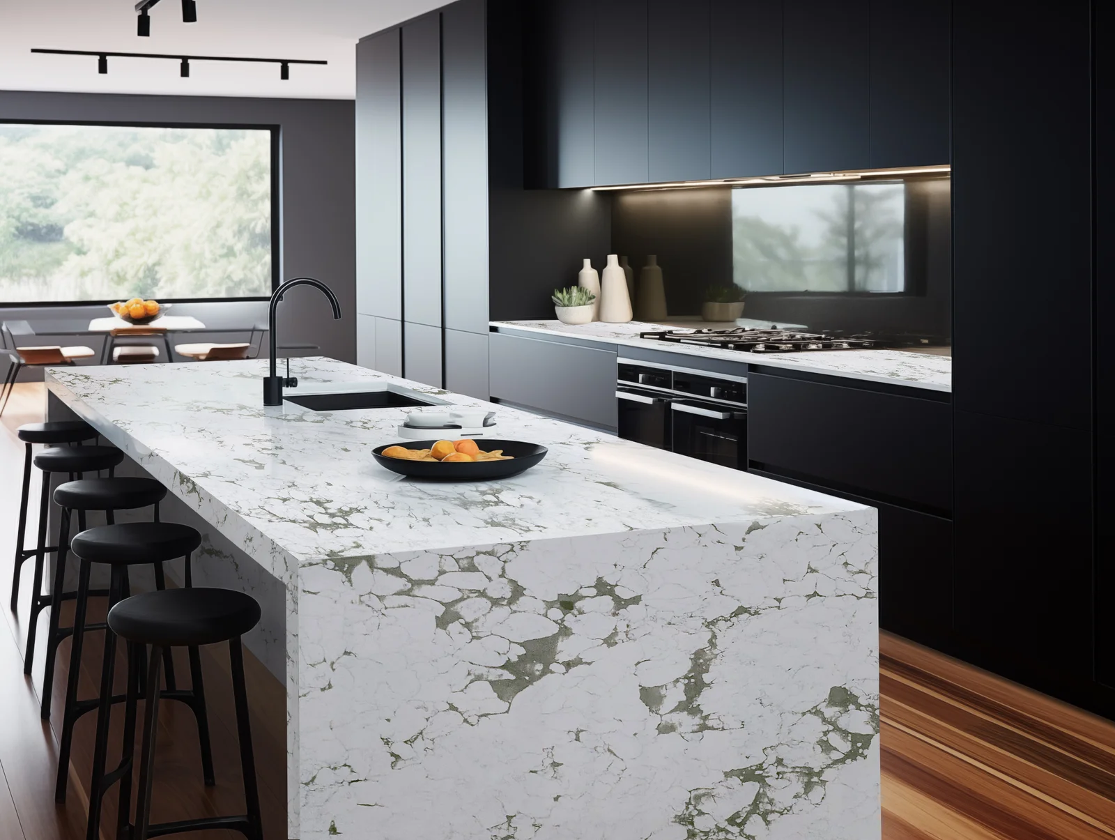 Arabescato Green Island with mitred waterfall polished