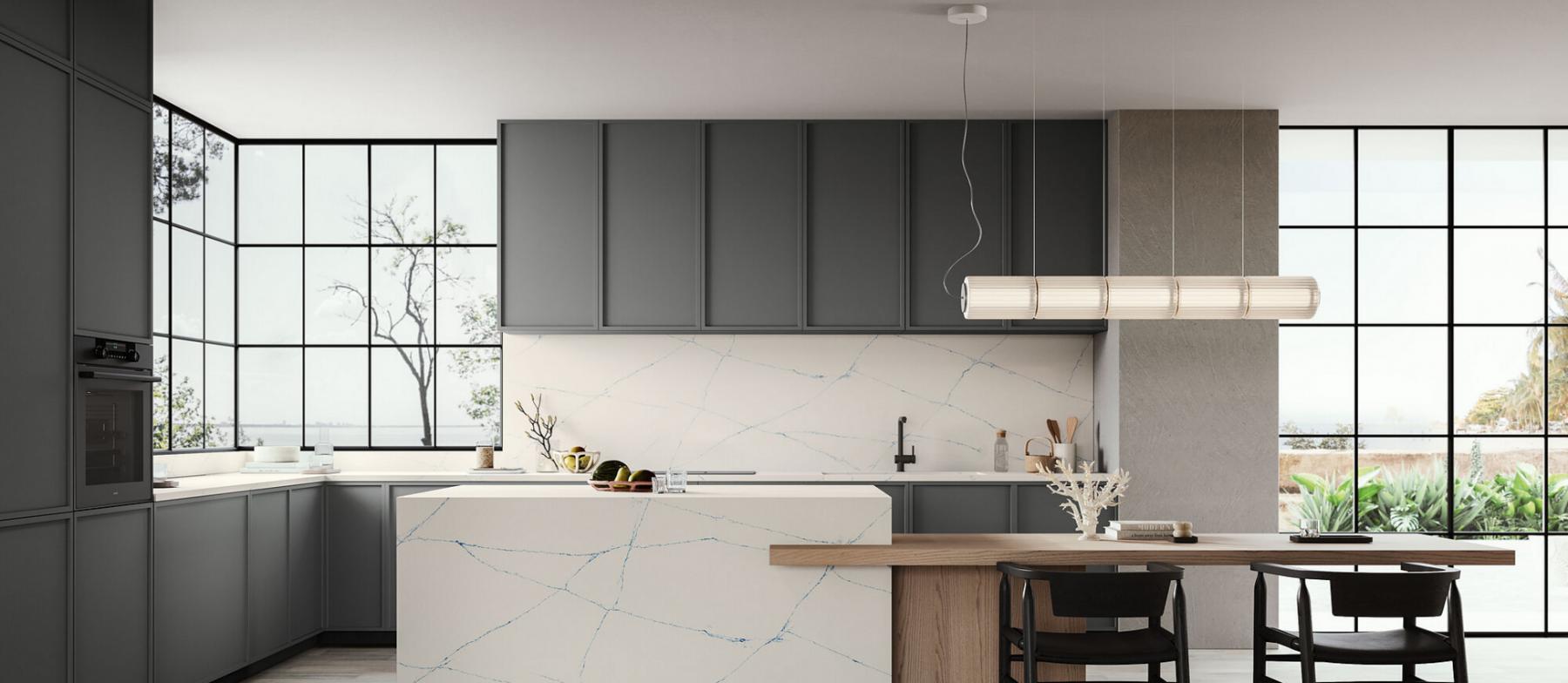 Blue Moon Island and splashback polished and matt