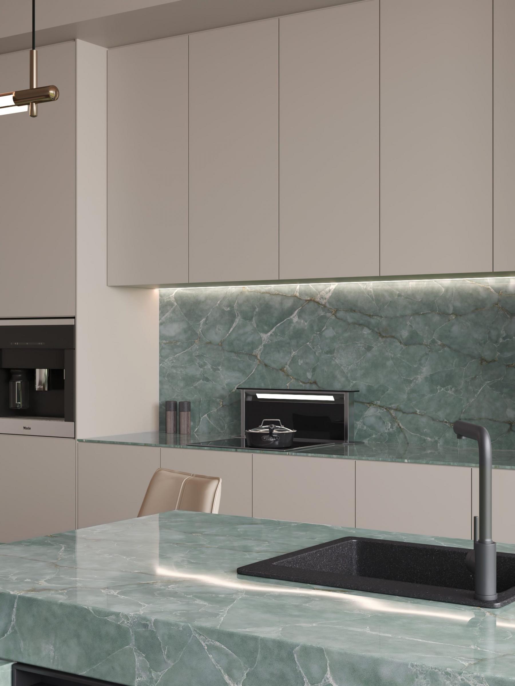 Amonite Verde Splashback polished, backlit