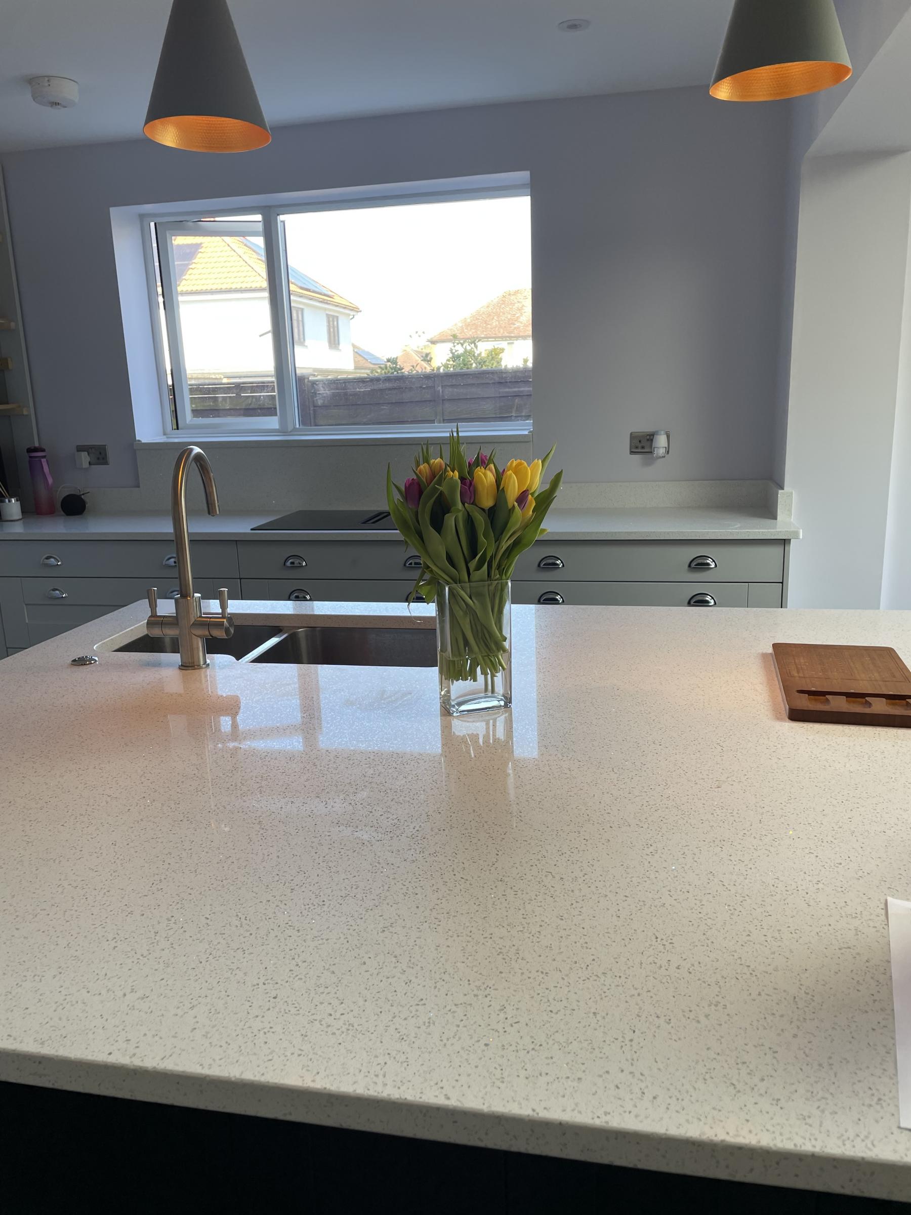 Galaxy Bianco worktop and Splashback Project: Baldock polished